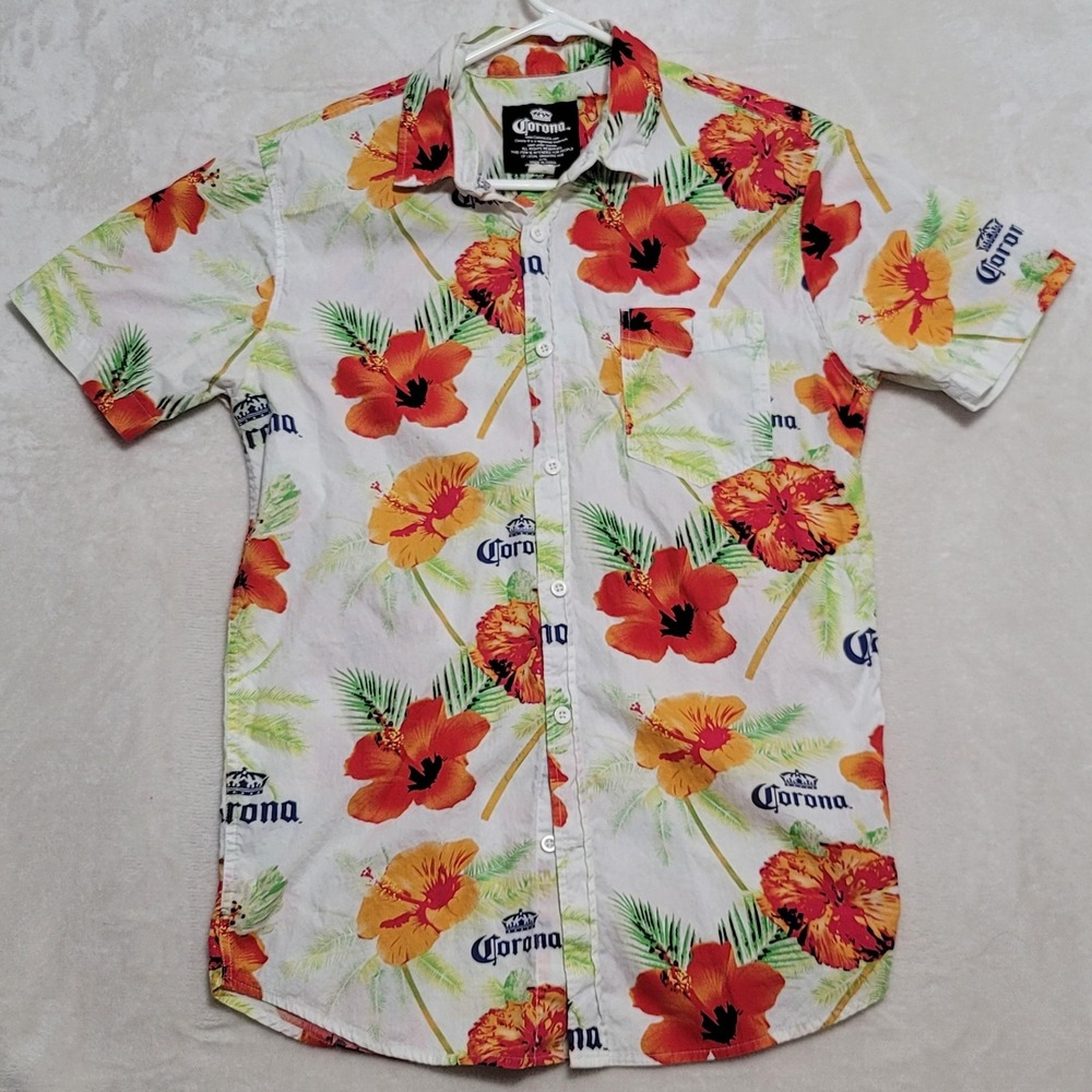 Corona Shirt Mens Medium White Floral Hawaiian Button Up Short Sleeve Beer Promo